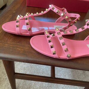 Valentino Pink Rockstud Flat Sandals W/ Gold Studs Sz 36